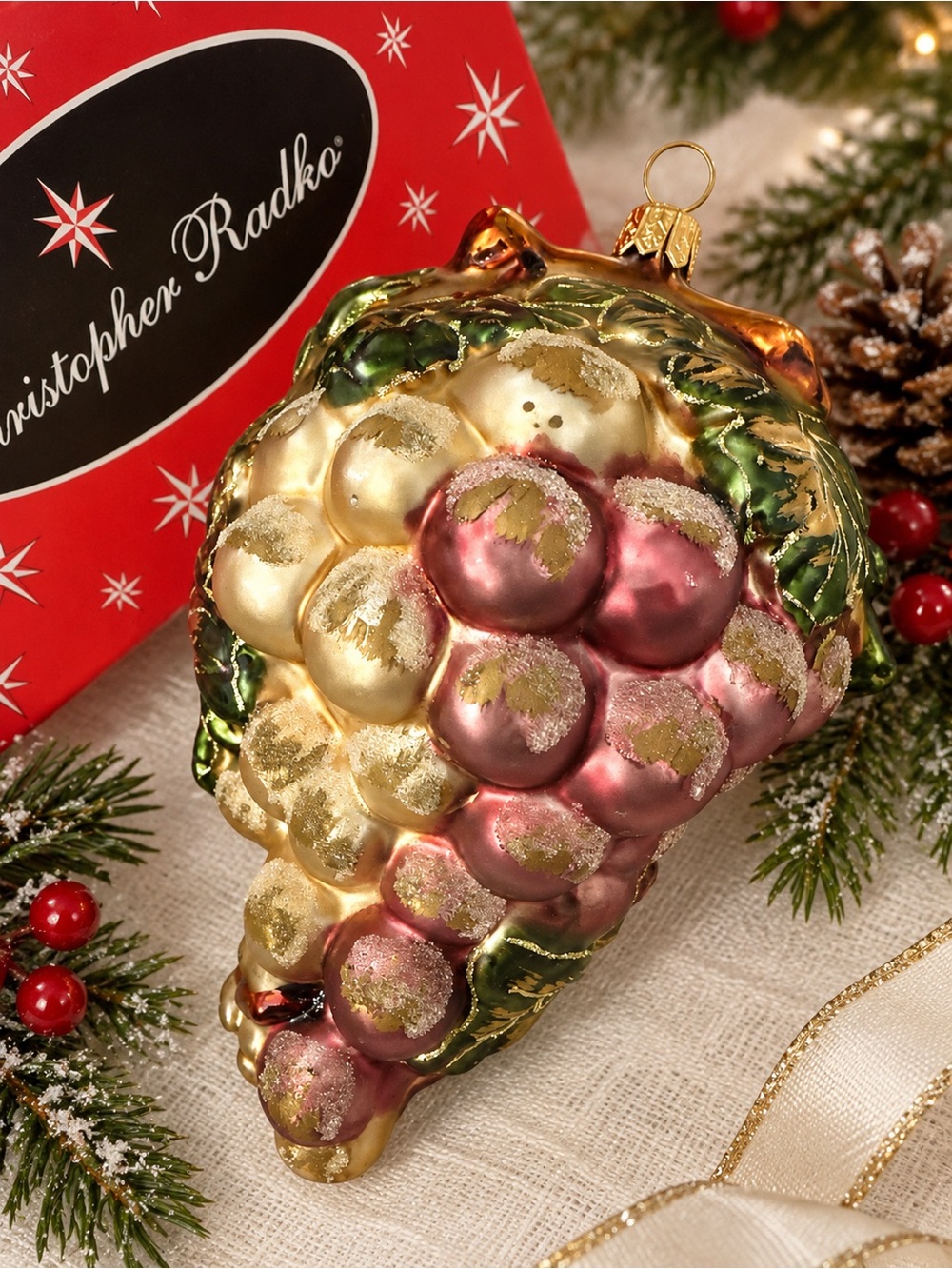 Christopher Radko Vintage Grape Cluster Christmas Ornament 5” Pink Gold Glass